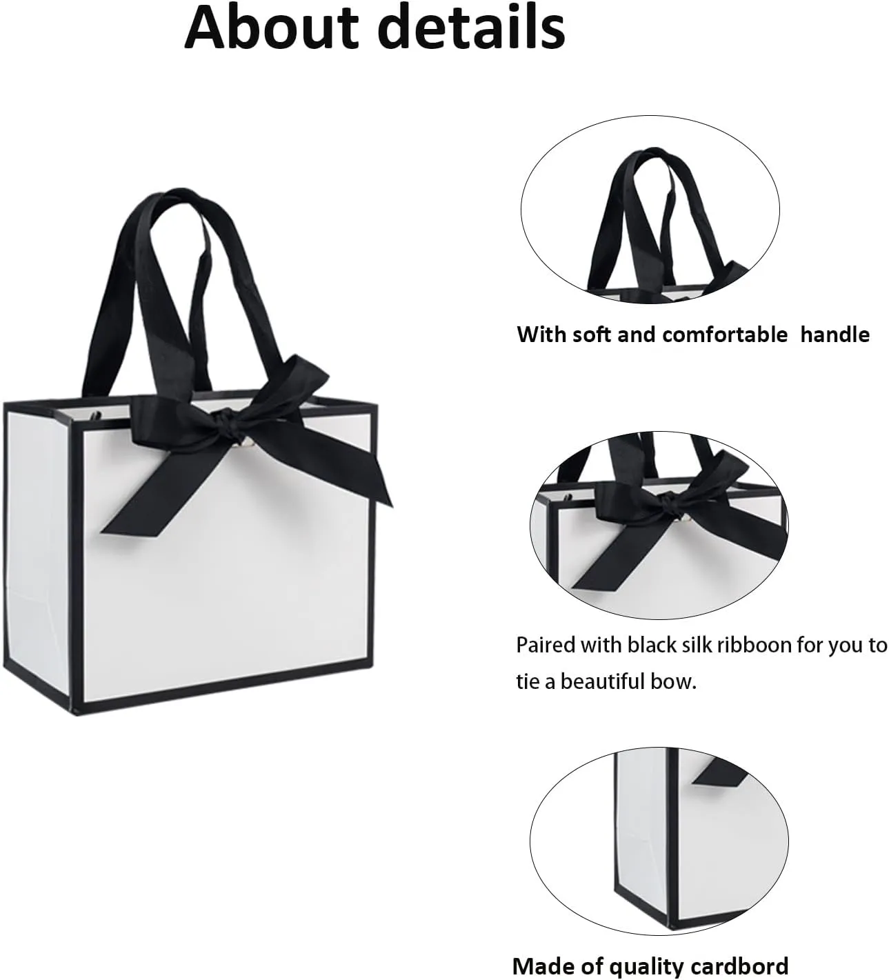 TKSBAG 50 PCS Small White Black Gift Bags with Handles, 6.4 * 3.1 * 5.1 Inch Thank You Bags with Bow Ribbon for Baby Shower, Bridal Shower, Wedding, Mother's Day, Party Favors