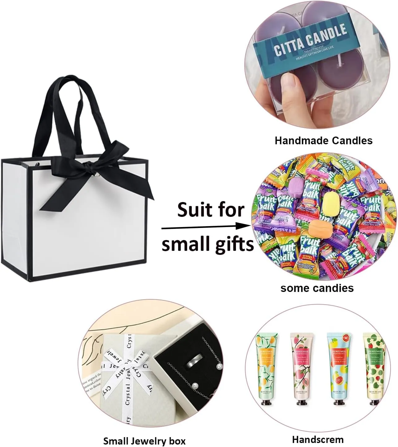 TKSBAG 50 PCS Small White Black Gift Bags with Handles, 6.4 * 3.1 * 5.1 Inch Thank You Bags with Bow Ribbon for Baby Shower, Bridal Shower, Wedding, Mother's Day, Party Favors
