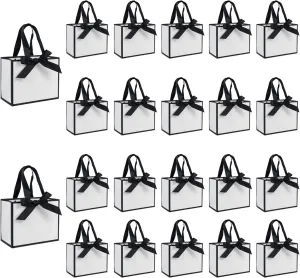 TKSBAG 50 PCS Small White Black Gift Bags with Handles, 6.4 * 3.1 * 5.1 Inch Thank You Bags with Bow Ribbon for Baby Shower, Bridal Shower, Wedding, Mother's Day, Party Favors