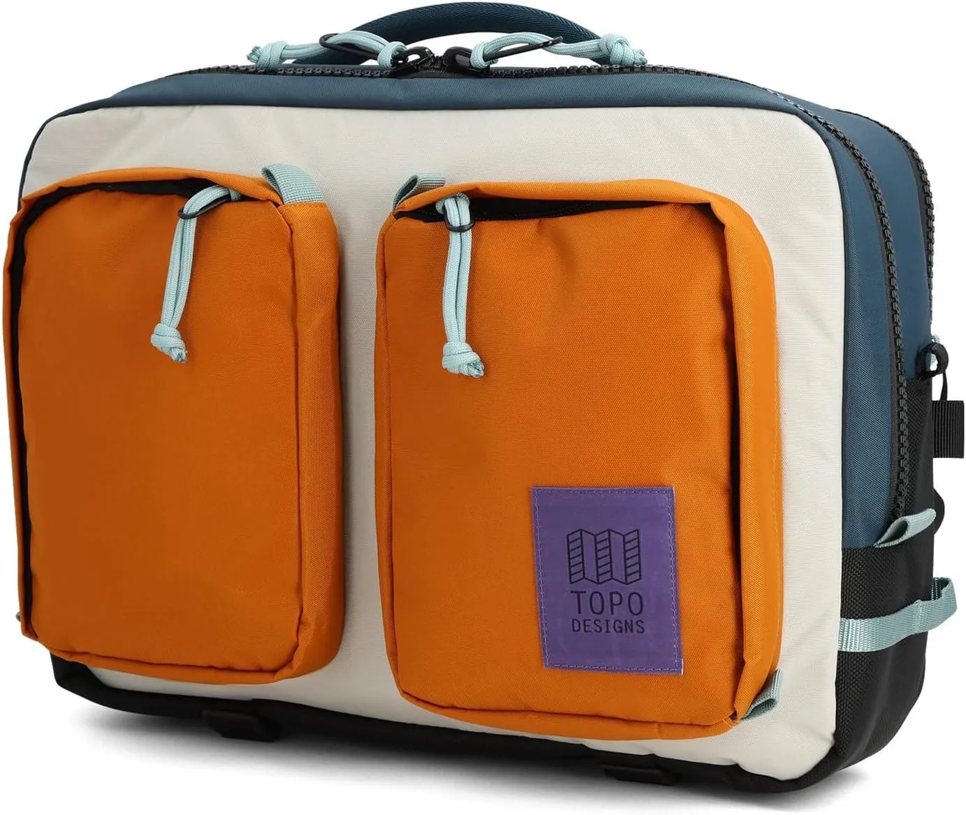 Topo Designs Global Briefcase - Bold Daily Carry Bag, Commuting Travel Pack with Oversized Zips, Signature Denver Style (Eco-Friendly/Pond Blue/Spice)