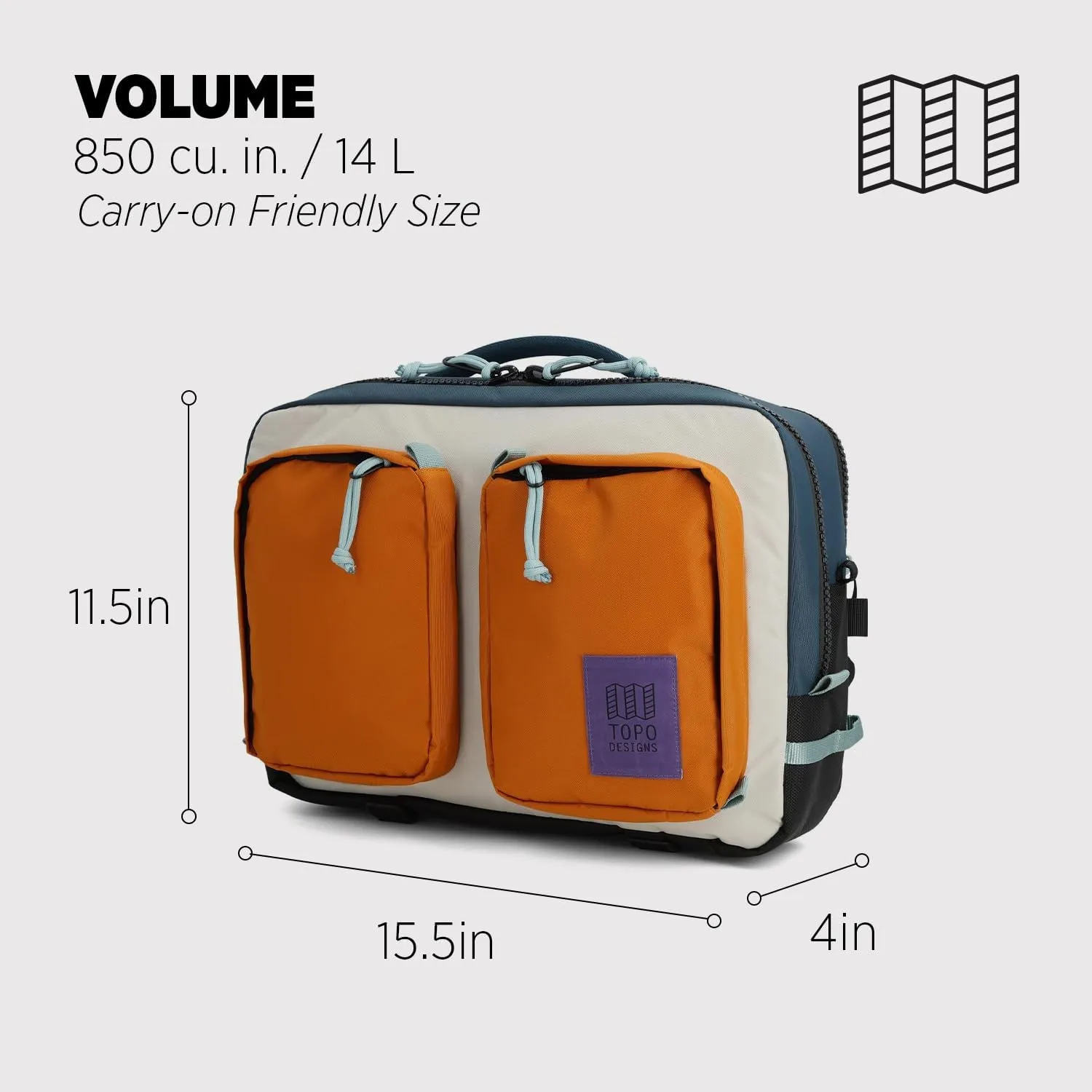 Topo Designs Global Briefcase - Bold Daily Carry Bag, Commuting Travel Pack with Oversized Zips, Signature Denver Style (Eco-Friendly/Pond Blue/Spice)