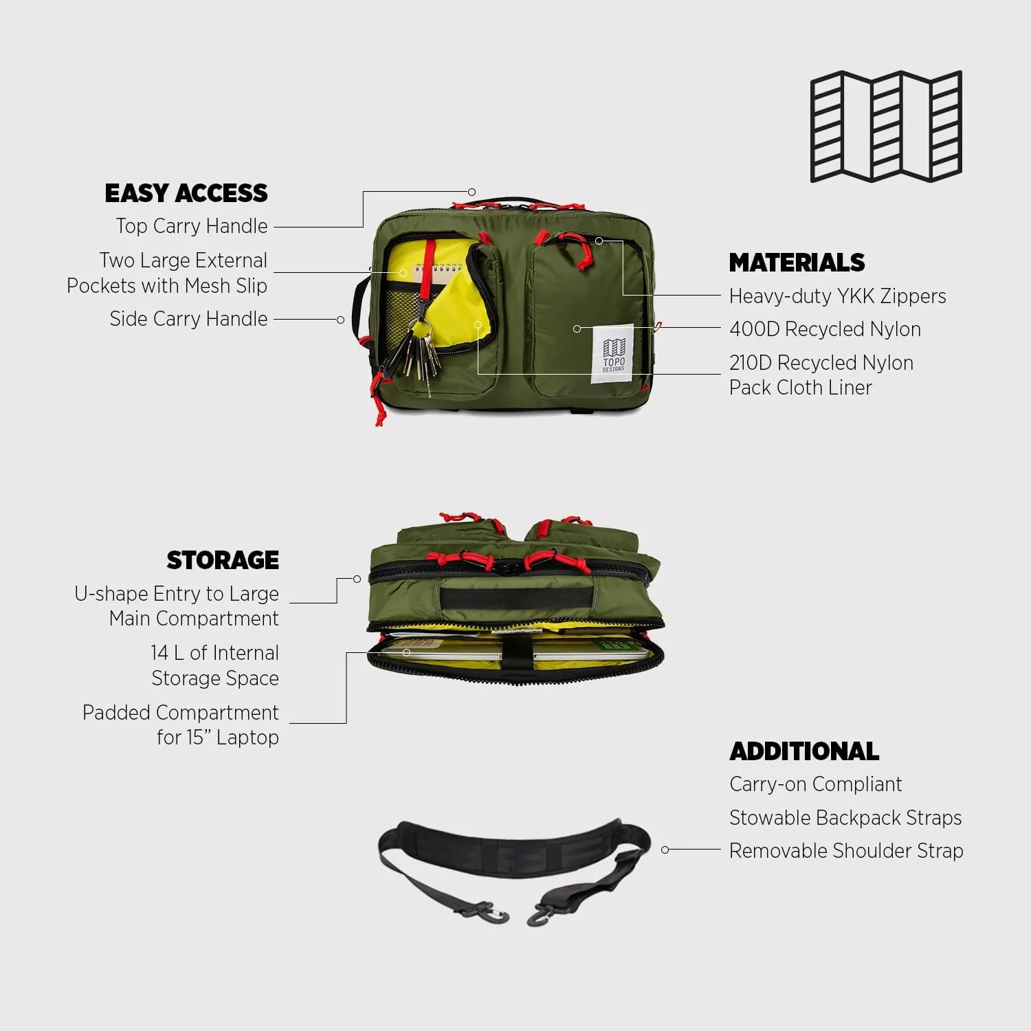 Topo Designs Global Briefcase - Bold Daily Carry Bag, Commuting Travel Pack with Oversized Zips, Signature Denver Style (Eco-Friendly/Pond Blue/Spice)