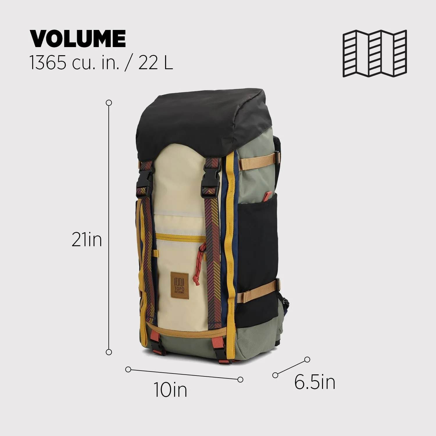 Topo Designs Rover Trail Pack 22L, Molded Back Panel, Waist Belt, Water Bottle Pockets, Bluesign Approved (Bone White/Beetle)