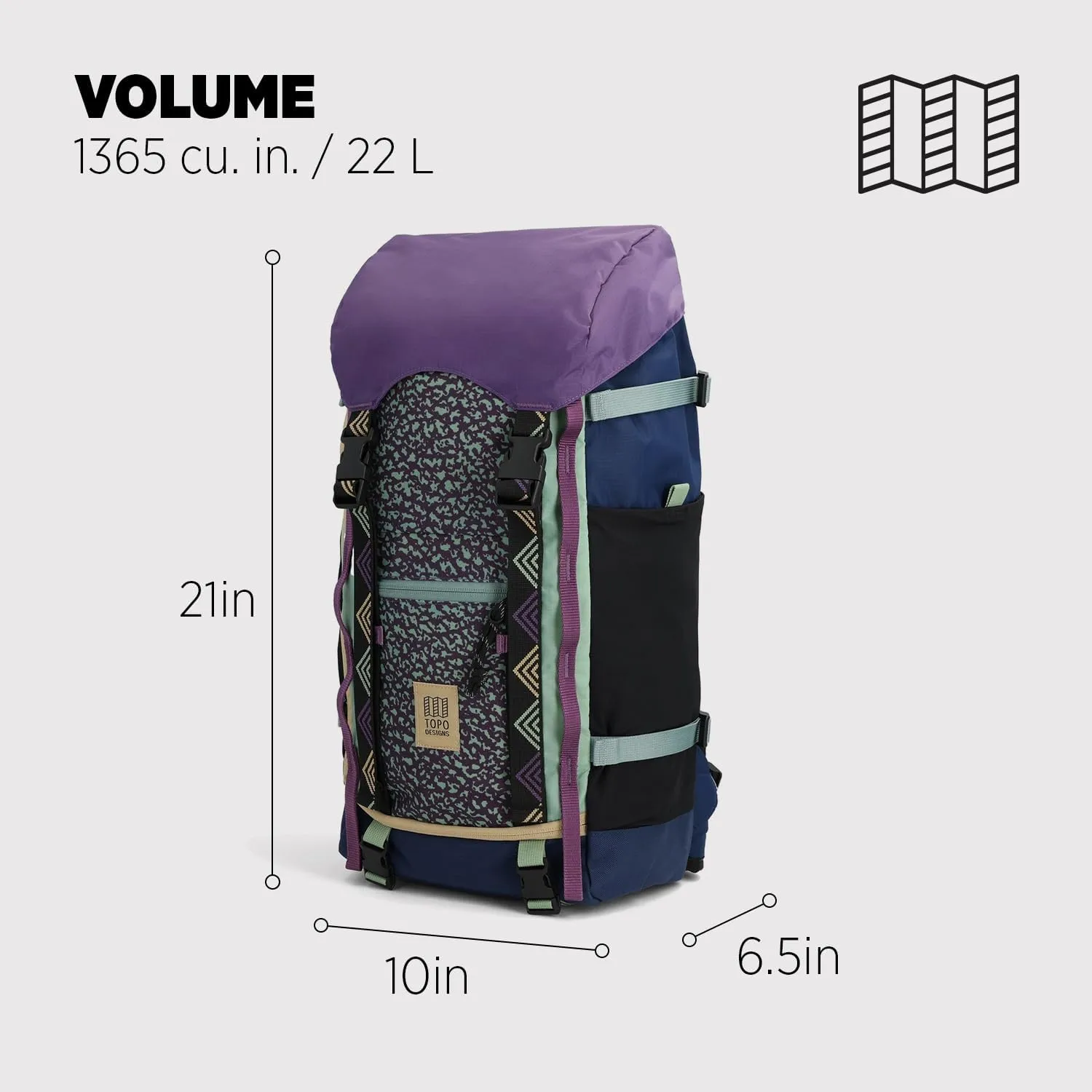 Topo Designs Rover Trail Pack 22L, Molded Back Panel, Waist Belt, Water Bottle Pockets, Bluesign Approved (Loganberry/Crackle)