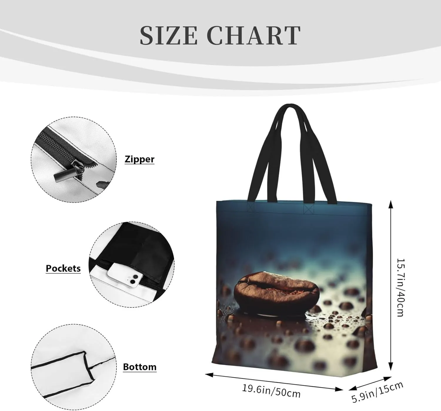 Tote Bag for Women Coffee between raindrops Shoulder Bag with Zipper Handbag Large Capacity Reusable Grocery Bag