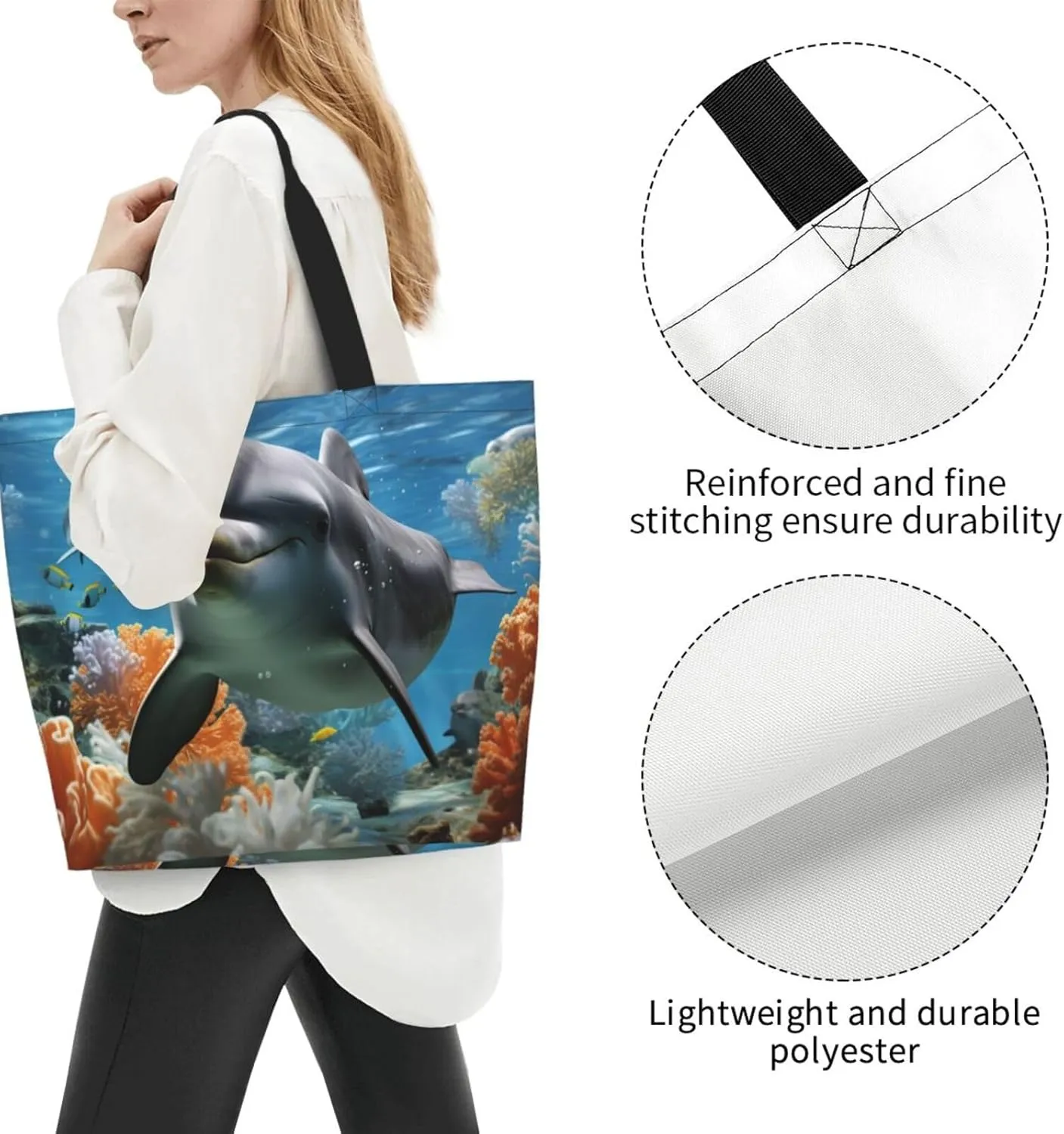 Tote Bag for Women Grocery Bag Reusable Shopping Bag Dolphin in the coral reef Handbag Foldable Shoulder Bag