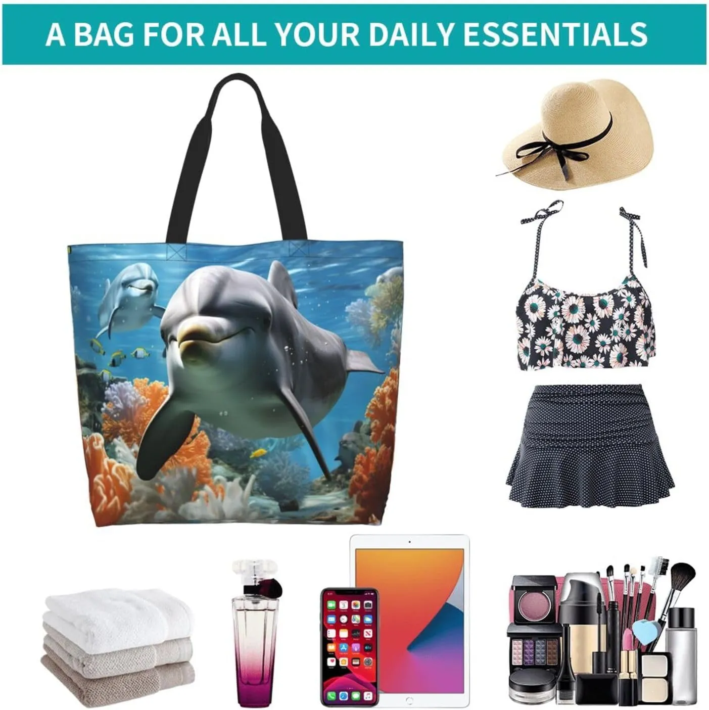 Tote Bag for Women Grocery Bag Reusable Shopping Bag Dolphin in the coral reef Handbag Foldable Shoulder Bag