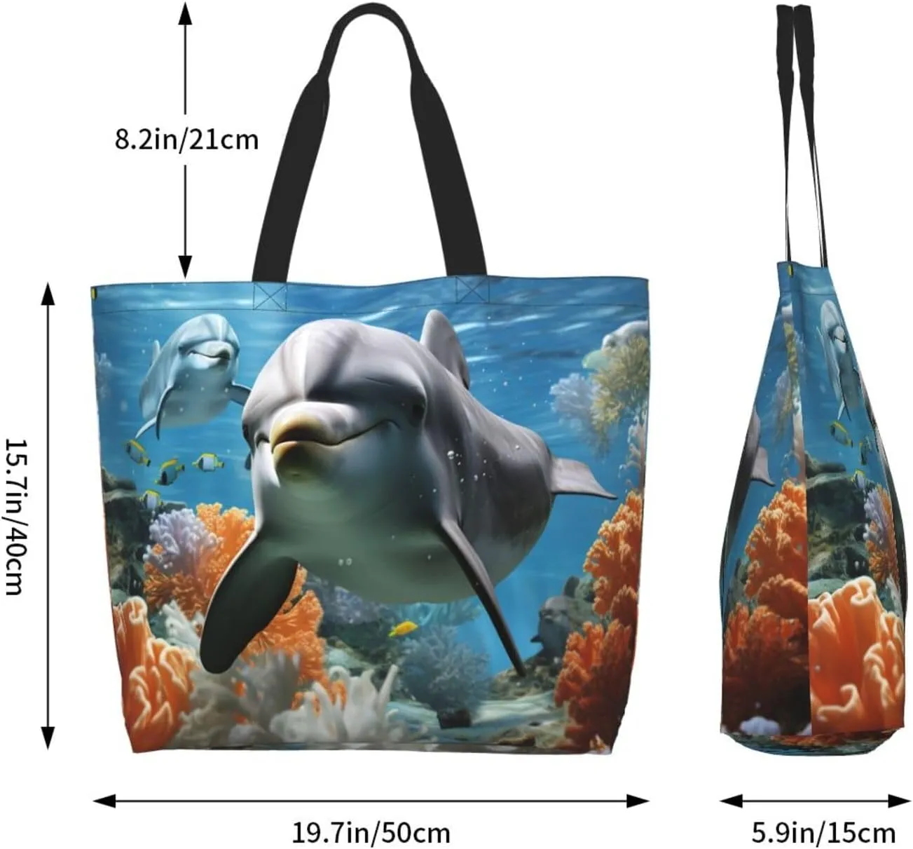 Tote Bag for Women Grocery Bag Reusable Shopping Bag Dolphin in the coral reef Handbag Foldable Shoulder Bag