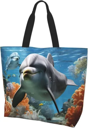 Tote Bag for Women Grocery Bag Reusable Shopping Bag Dolphin in the coral reef Handbag Foldable Shoulder Bag