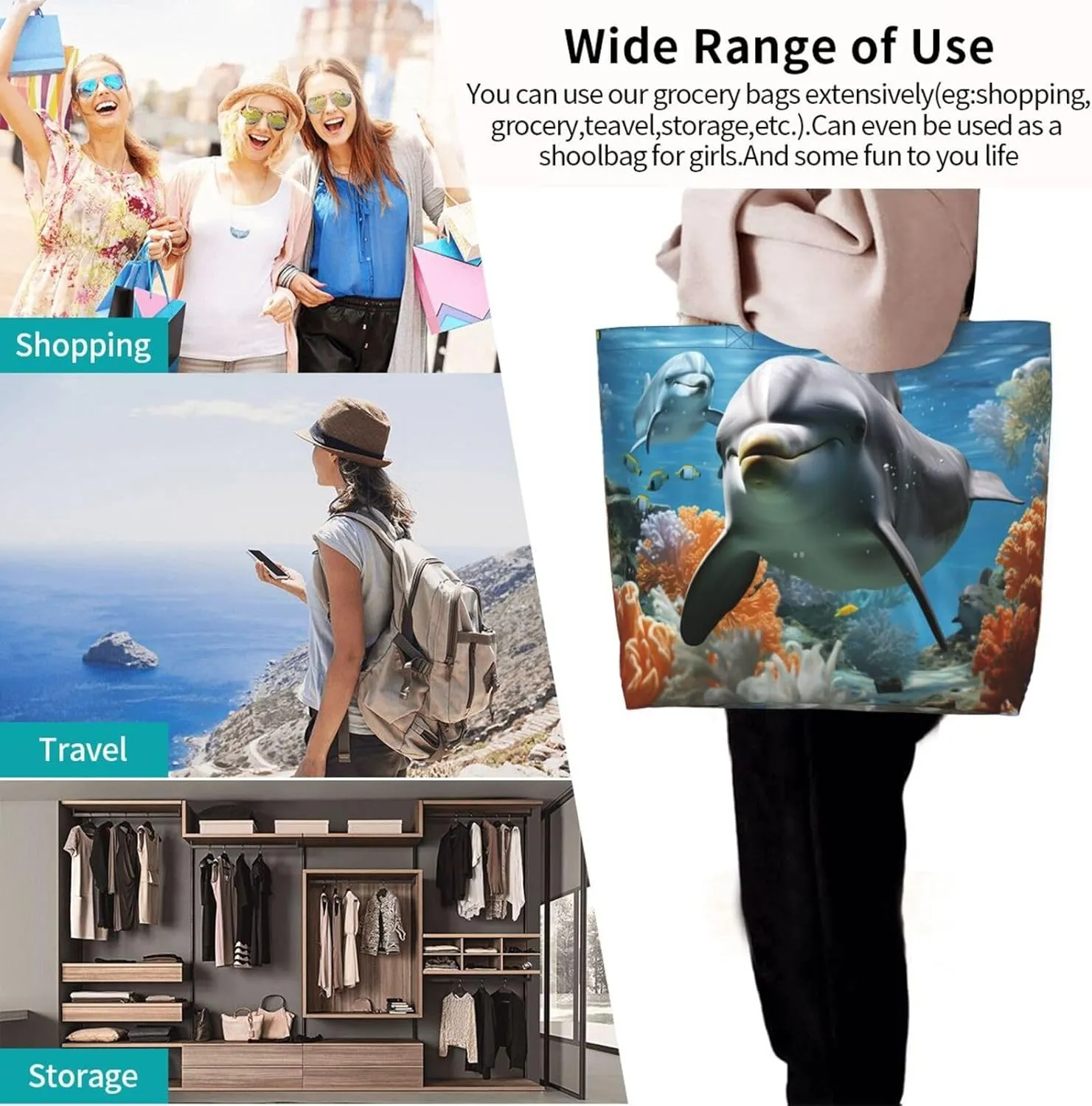 Tote Bag for Women Grocery Bag Reusable Shopping Bag Dolphin in the coral reef Handbag Foldable Shoulder Bag