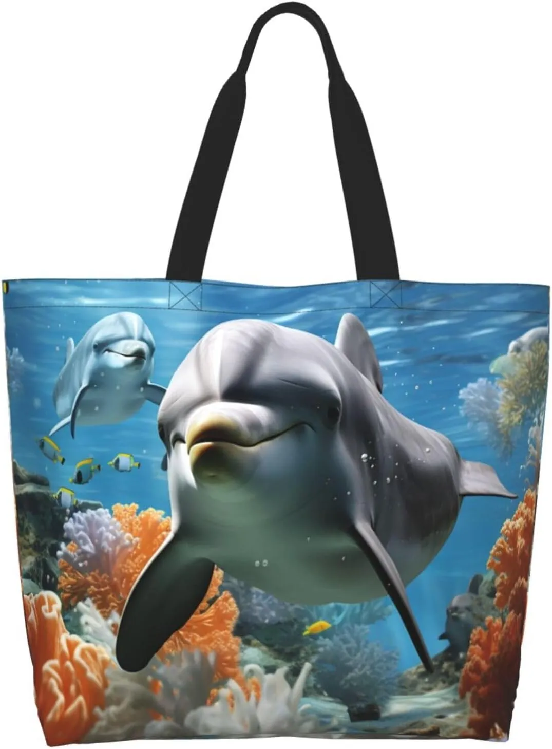 Tote Bag for Women Grocery Bag Reusable Shopping Bag Dolphin in the coral reef Handbag Foldable Shoulder Bag