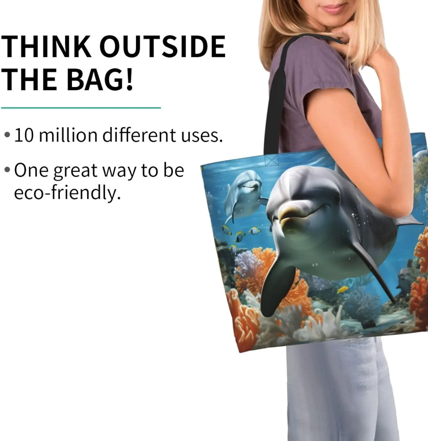 Tote Bag for Women Grocery Bag Reusable Shopping Bag Dolphin in the coral reef Handbag Foldable Shoulder Bag