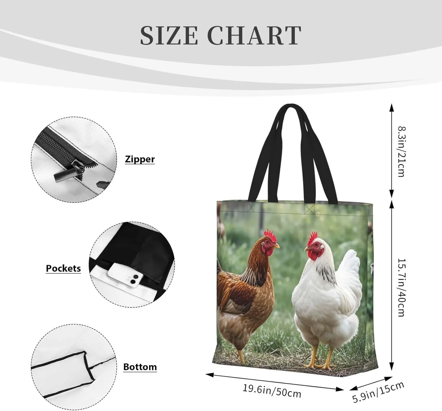 Tote Bag Large Capacity Grocery Bag With Zipper Bird standing on pig's head Shopping Bag Shoulder Bag for Women