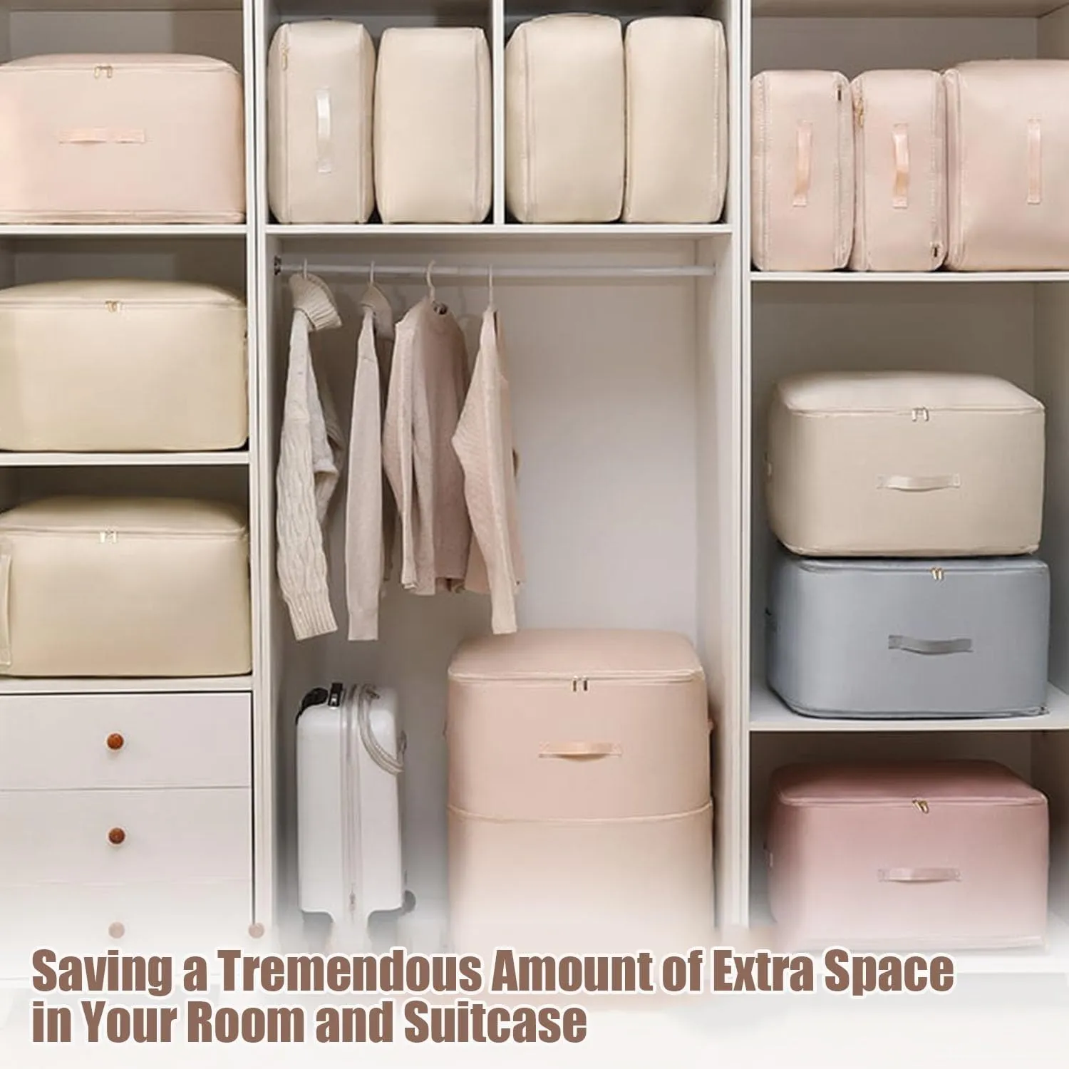 Ultra Space Saving Self Compression Organizer, 2025 Upgraded Space Saving Organizer, Premium Comforter Packaging Cube Bedding Storage Bag (Beige, X-Large 544260cm)