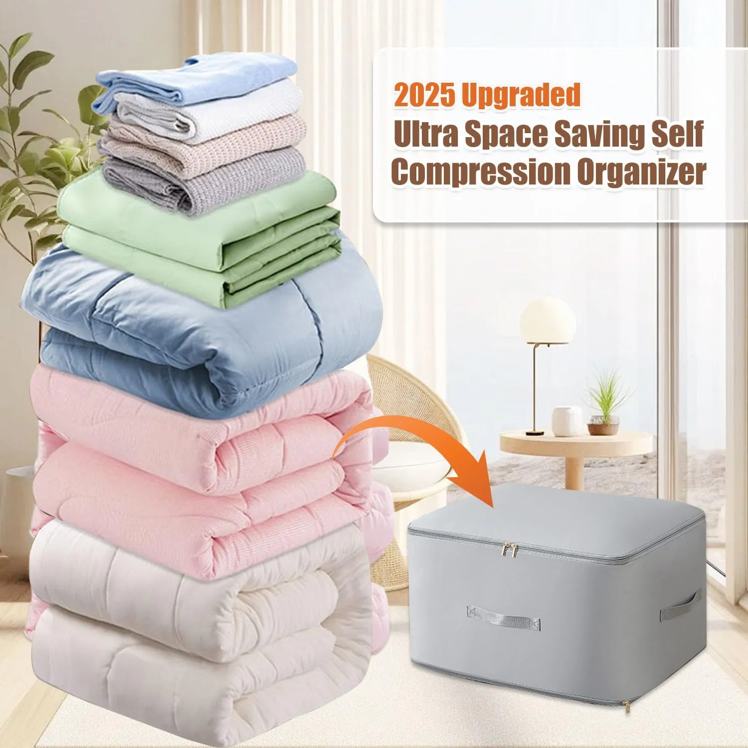 Ultra Space Saving Self Compression Organizer, 2025 Upgraded Space Saving Organizer, Premium Comforter Packaging Cube Bedding Storage Bag (Beige, X-Large 544260cm)