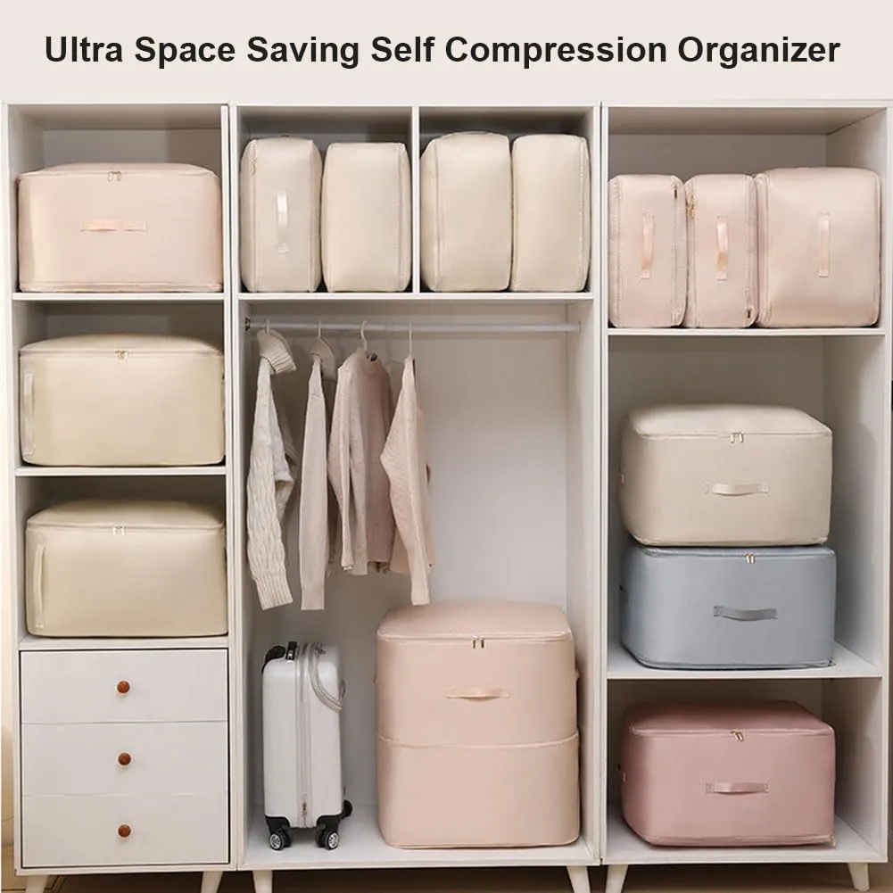 Ultra Space Saving Self Compression Organizer, Heavy Duty Moving Bags, Storage Tote for Space Saving, Self Compression Moving Organizer Bags for Comforters, Clothes, Blankets (Beige,XL(54*42*60CM))