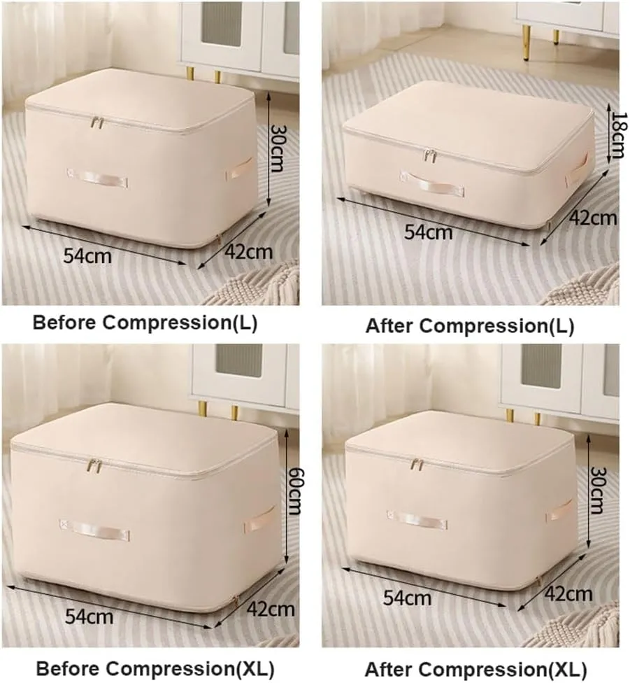 Ultra Space Saving Self Compression Organizer, Heavy Duty Moving Bags, Storage Tote for Space Saving, Self Compression Moving Organizer Bags for Comforters, Clothes, Blankets (Beige,XL(54*42*60CM))
