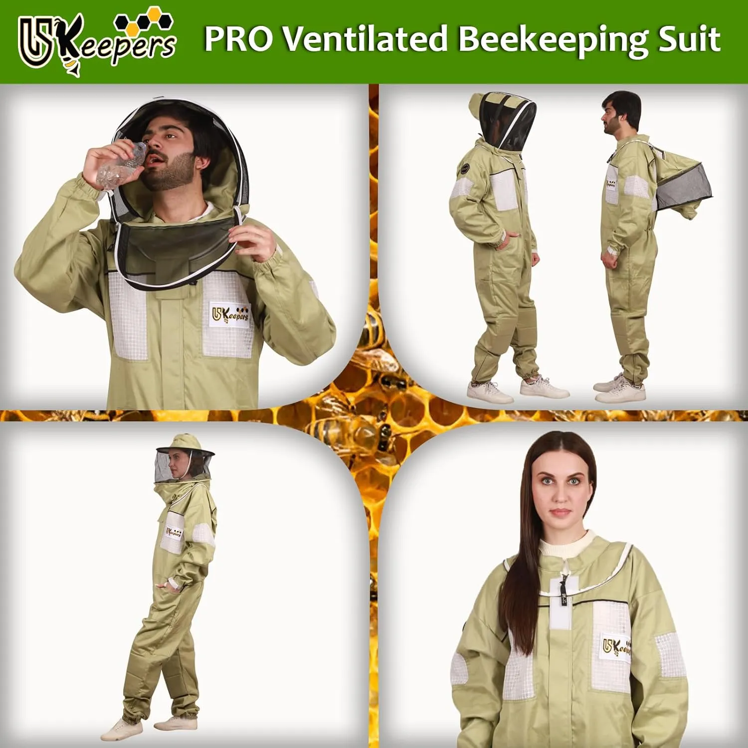 Ultra-Ventilated Polycotton Beekeeping Suit for Men & Women with Gloves & Two Beekeeping Veils-Professional & Beginner Apiarist Suit. (Olive,XL)