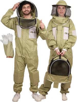 Ultra-Ventilated Polycotton Beekeeping Suit for Men & Women with Gloves & Two Beekeeping Veils-Professional & Beginner Apiarist Suit. (Olive,XL)