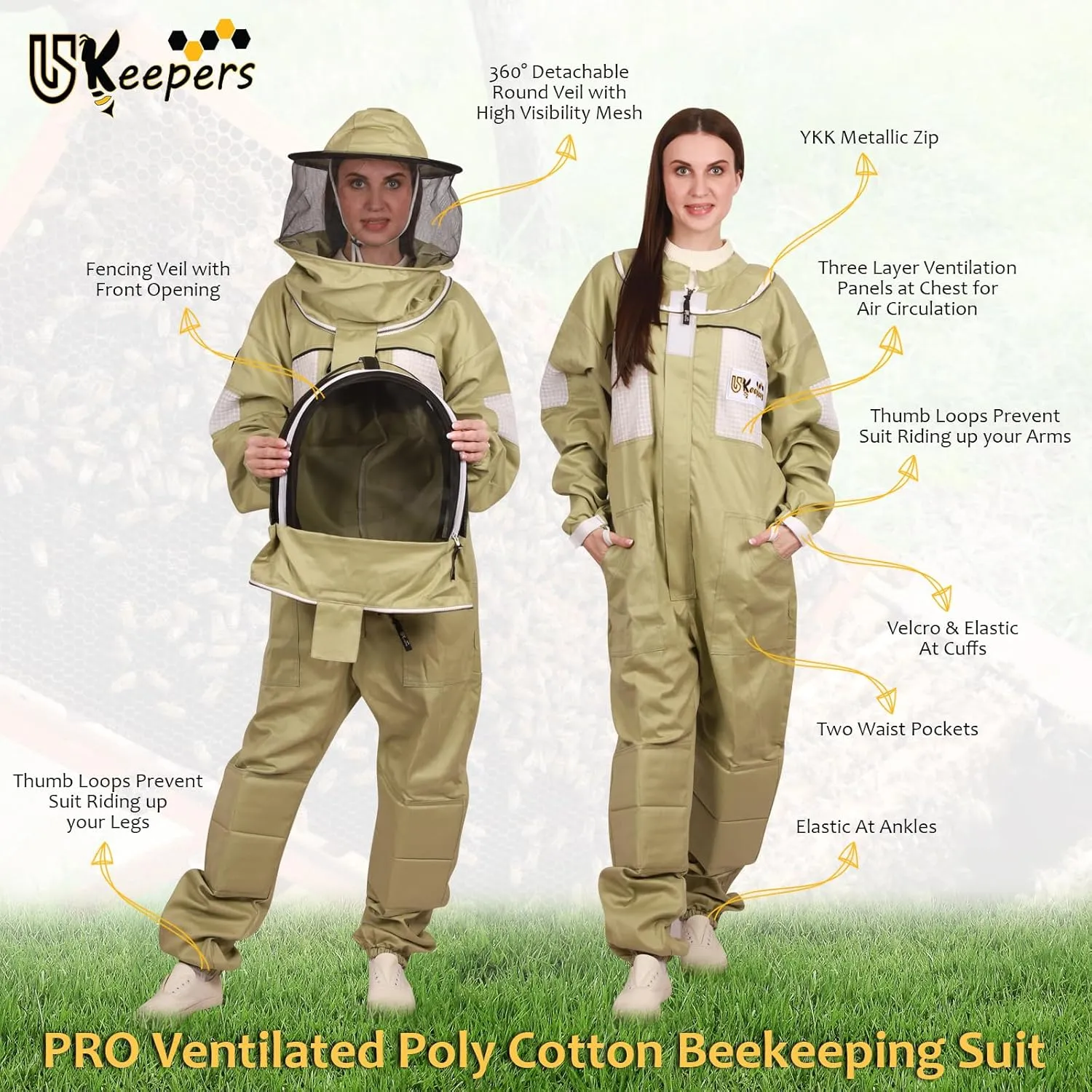 Ultra-Ventilated Polycotton Beekeeping Suit for Men & Women with Gloves & Two Beekeeping Veils-Professional & Beginner Apiarist Suit. (Olive,XL)