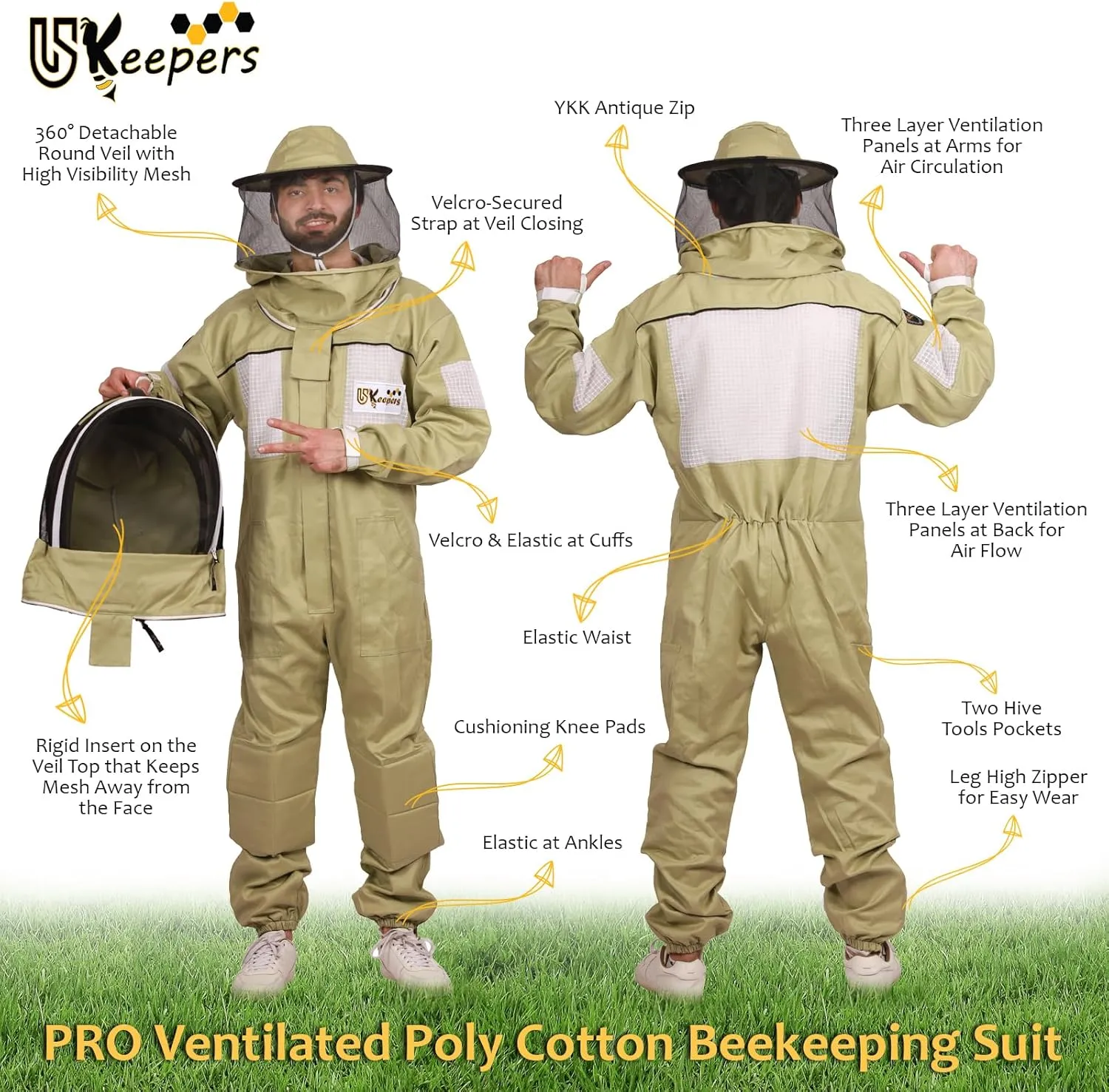 Ultra-Ventilated Polycotton Beekeeping Suit for Men & Women with Gloves & Two Beekeeping Veils-Professional & Beginner Apiarist Suit. (Olive,XL)