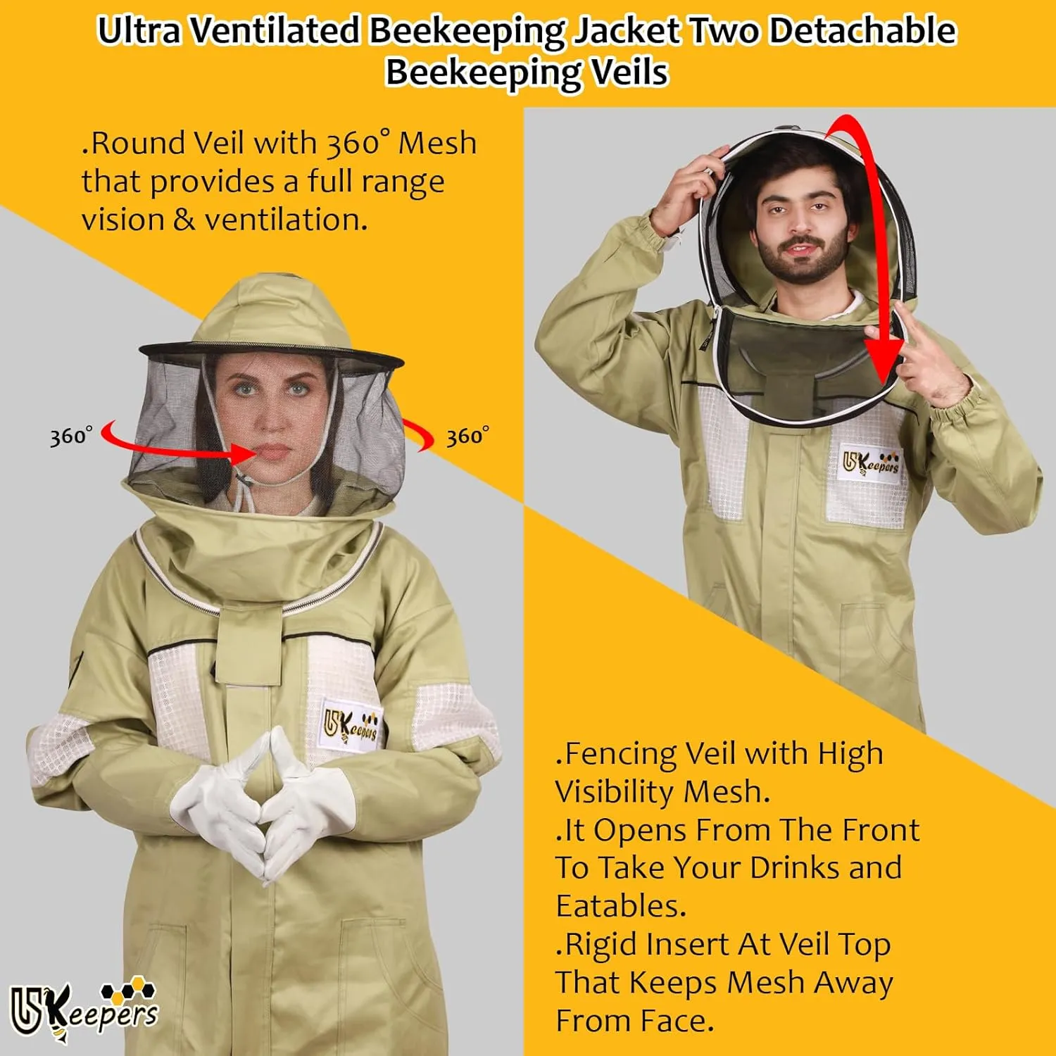 Ultra-Ventilated Polycotton Beekeeping Suit for Men & Women with Gloves & Two Beekeeping Veils-Professional & Beginner Apiarist Suit. (Olive,XL)