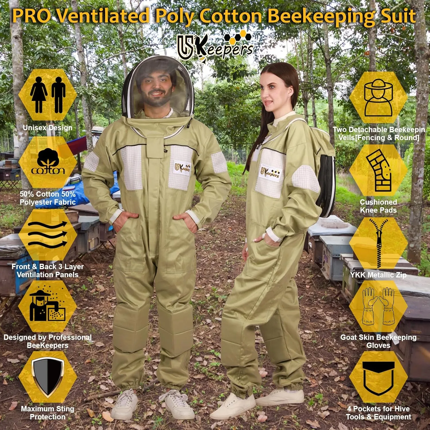 Ultra-Ventilated Polycotton Beekeeping Suit for Men & Women with Gloves & Two Beekeeping Veils-Professional & Beginner Apiarist Suit. (Olive,XL)