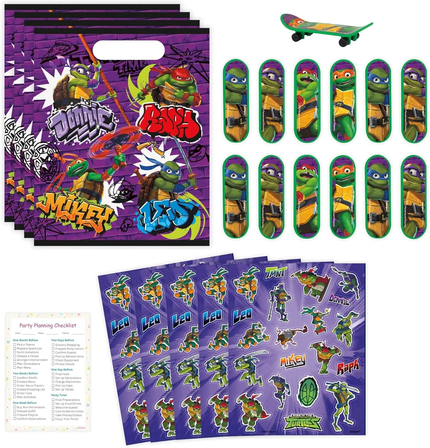 Unique Ninja Turtle Party Favors Pack - 16 Guests - TMNT Party Favor Bags, Sticker Sheets, Mini Skateboards, Checklist - Teenage Mutant Ninja Turtle Party Decorations & Supplies