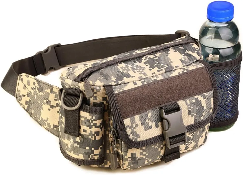 UNISTRENGH Multi Functional Waist Pack Military Single Shoulder Hip Belt Fanny Bag Water Resistant Waist Pouch with Water Bottle Pocket Holder for Hiking Climbing Outdoor Bumbag (ACU Camouflage)