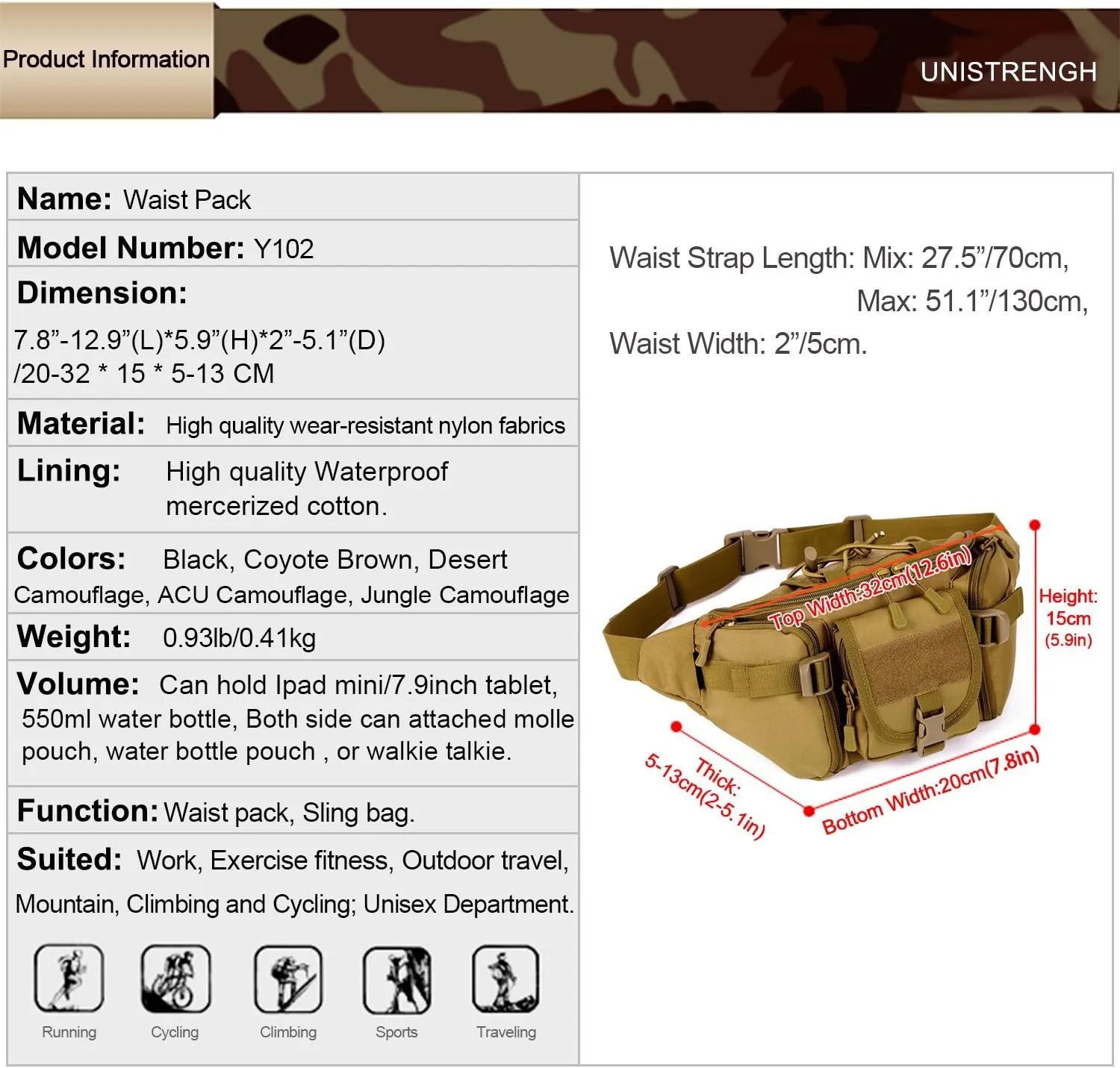 Unistrengh Tactical Waist Pack Military Fanny Belt Pouch Waterproof WR Bum Bag for Outdoor Climbing Fishing Running Hunting Fit IPhone 8 7 7plus (Coyote Brown)