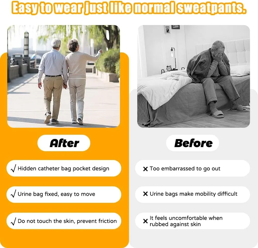 Urine Bag Pants for Elder, Incontinence Care Trousers, Catheter Leg Bag Pants with 2 Outer Pockets, Reliable Hole, XL