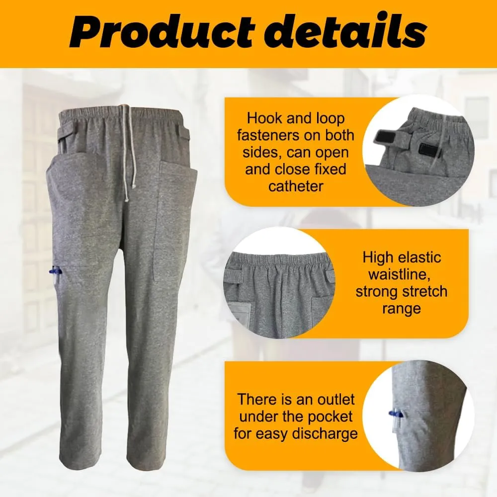 Urine Bag Pants for Elder, Incontinence Care Trousers, Catheter Leg Bag Pants with 2 Outer Pockets, Reliable Hole, XL