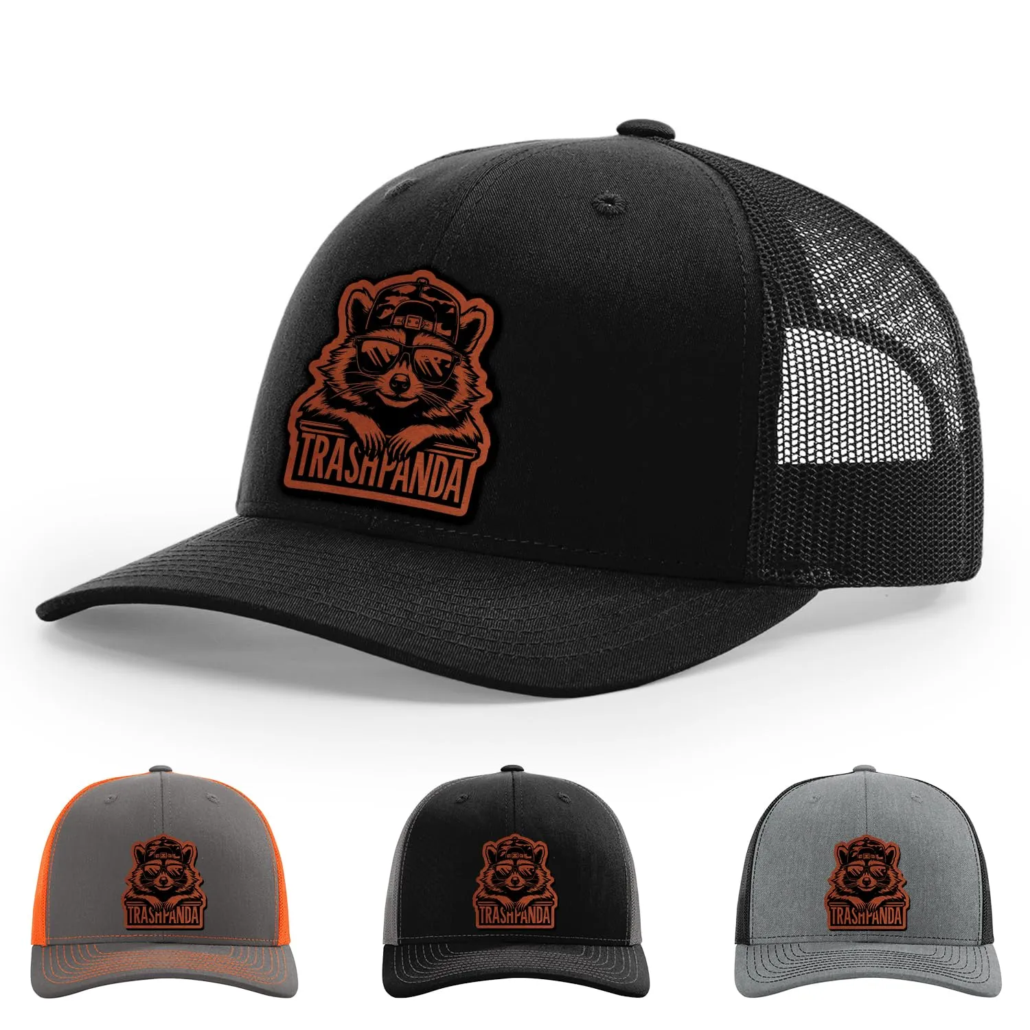 US Raccoon Head, Trash Panda, Garbage Swamp Anima, Woodland Street Cat Hat, 112 Style Trucker Leather Patch Hat for Men & Women, 6 Panel Baseball Cap with Snapback Enclosure