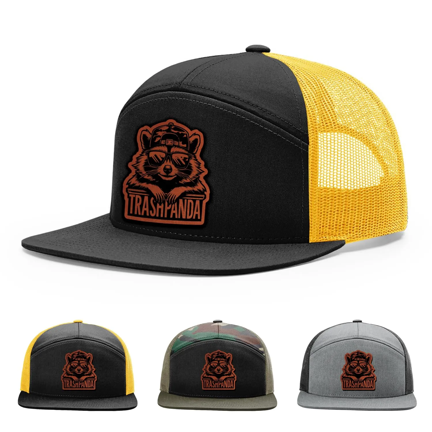 US Raccoon Head, Trash Panda, Garbage Swamp Anima, Woodland Street Cat Hat, 168 Style Trucker Leather Patch Hat for Men & Women, 7 Panel Baseball Cap with Snapback Enclosure