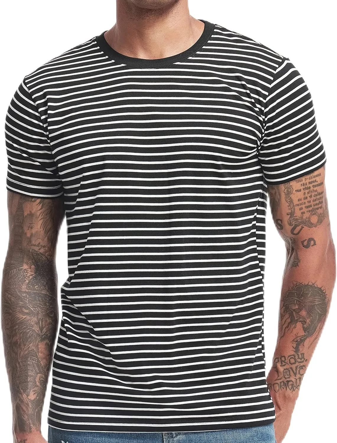 VEIISAR Men's Crewneck Striped T-Shirt Soft Elastic Cotton Tees