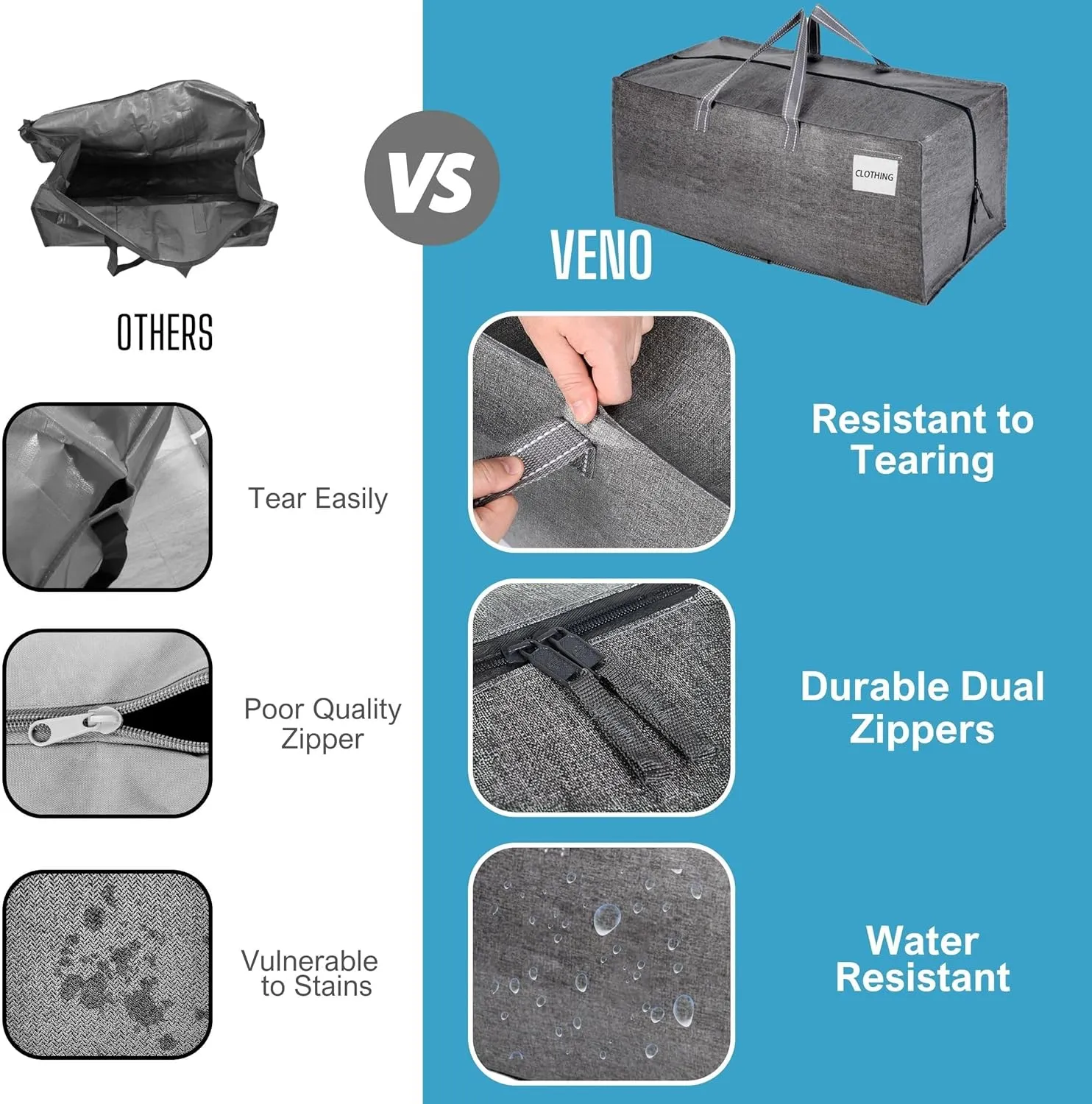 VENO 10 Pack Moving Bags w/Backpack Straps, Heavy Duty, Moving Boxes Alternative, Packing Supplies, Large Storage Totes for Dorm Room Essentials with Zipper for Clothes (Gray, 10 Pack)