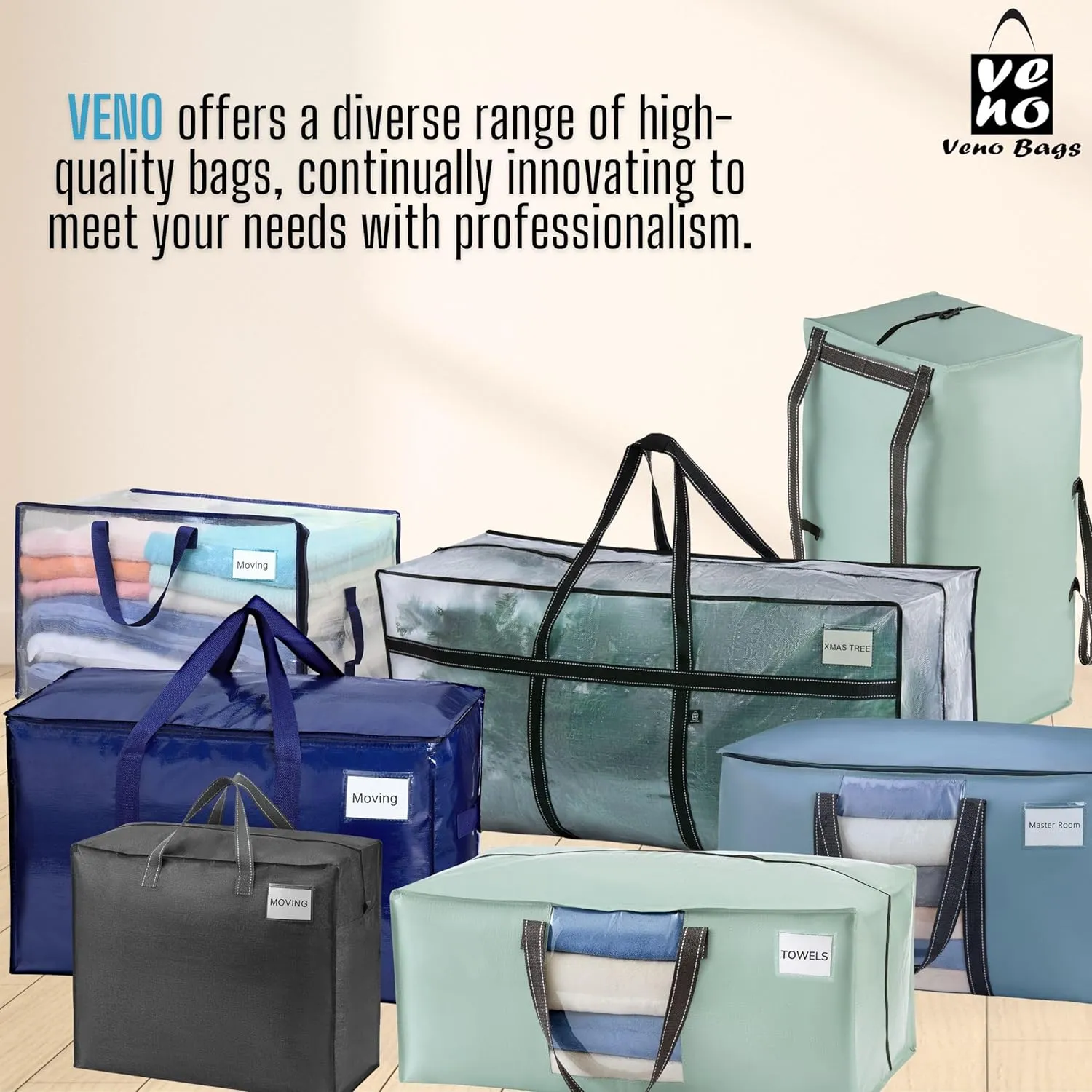 VENO 16 Pack Moving Bags, Upgraded Heavy Duty, Moving Boxes Alternative, Packing Storage Supplies for Dorm Room Essentials with Zipper for Clothes, Large Totes for Packaging (Light Blue, 16 Pack)