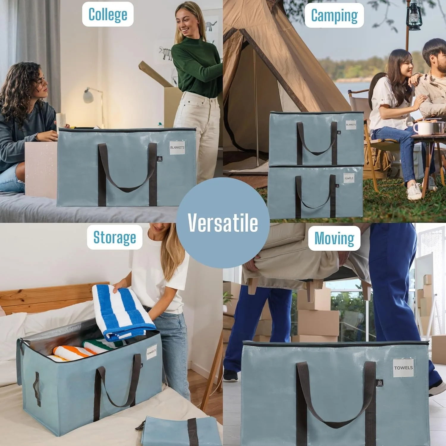 VENO 16 Pack Moving Bags, Upgraded Heavy Duty, Moving Boxes Alternative, Packing Storage Supplies for Dorm Room Essentials with Zipper for Clothes, Large Totes for Packaging (Light Blue, 16 Pack)