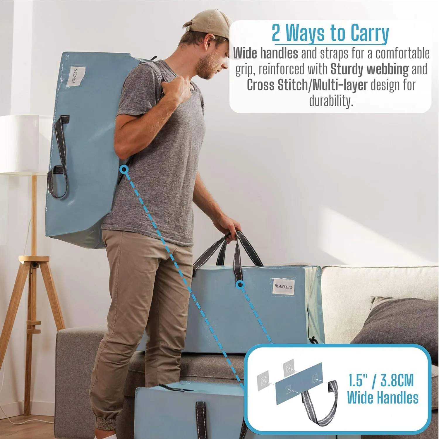 VENO 8 Pack Moving Bags w/Backpack Straps, Heavy Duty, Moving Boxes Alternative, Packing Supplies, Large Storage Totes for Dorm Room Essentials with Zipper for Clothes (Shiny Light Blue, 8 Pack)