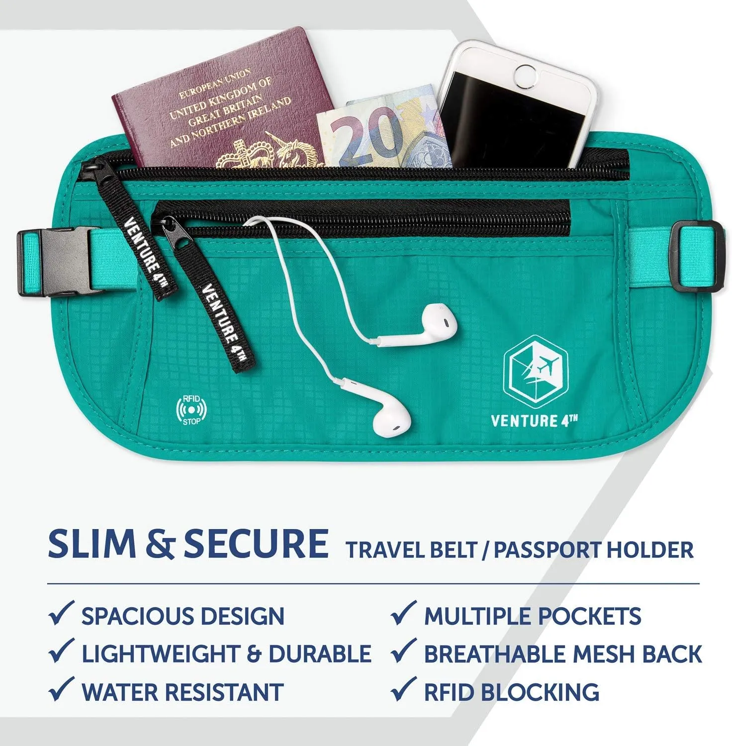 VENTURE 4TH RFID Money Belt for Women - Hidden Passport Holder (Turquoise)