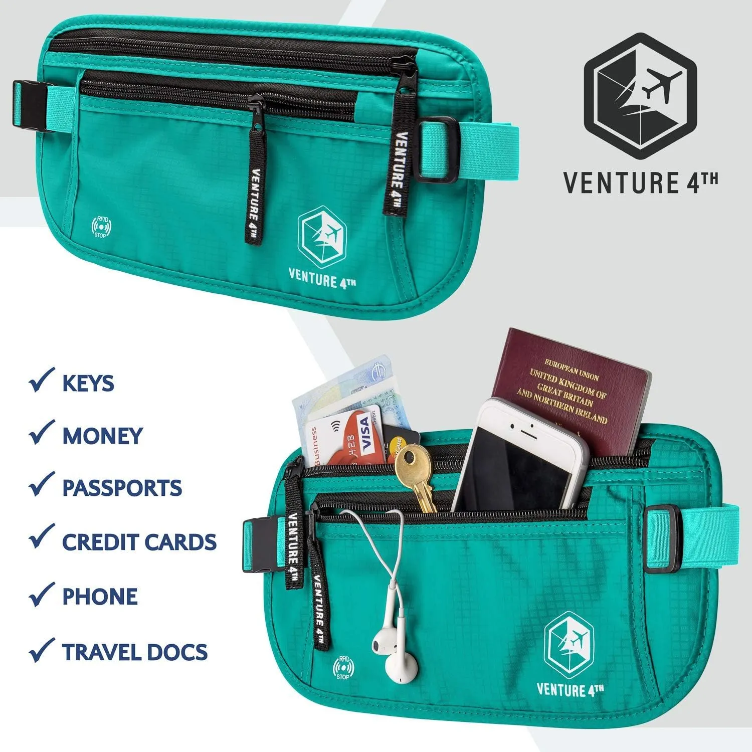 VENTURE 4TH RFID Money Belt for Women - Hidden Passport Holder (Turquoise)