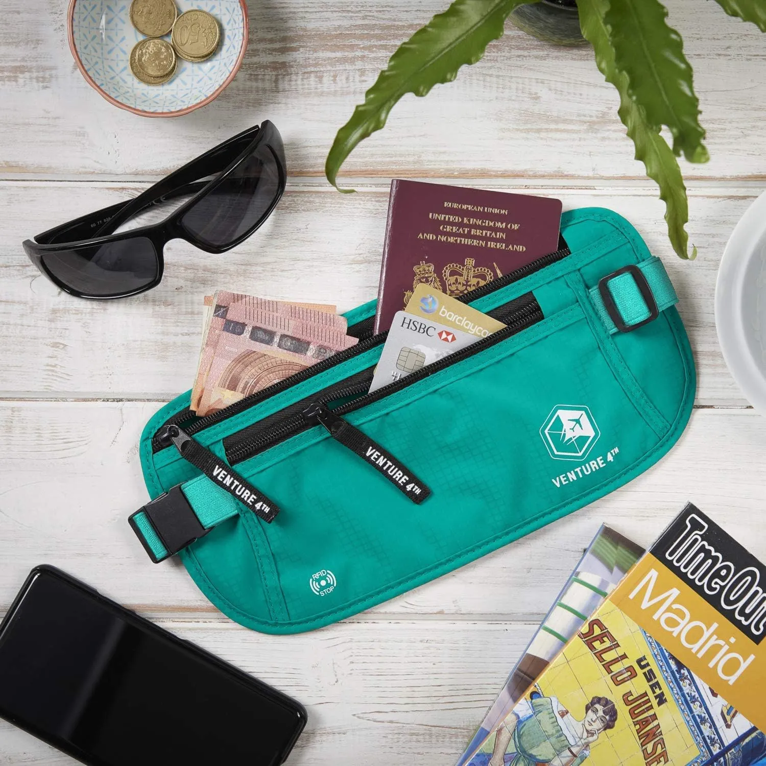 VENTURE 4TH RFID Money Belt for Women - Hidden Passport Holder (Turquoise)