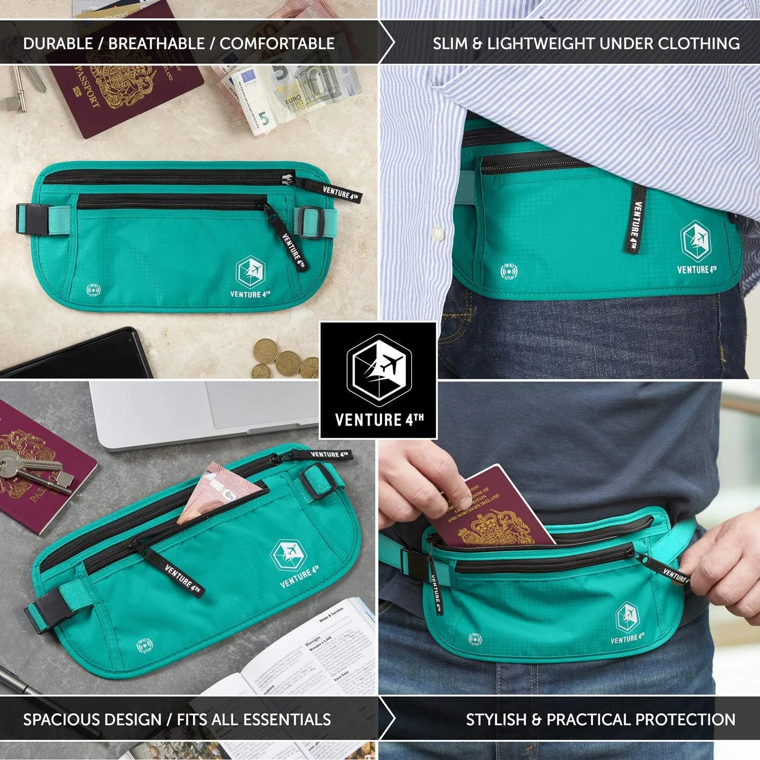 VENTURE 4TH RFID Money Belt for Women - Hidden Passport Holder (Turquoise)