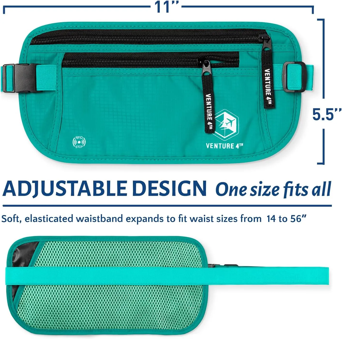 VENTURE 4TH RFID Money Belt for Women - Hidden Passport Holder (Turquoise)