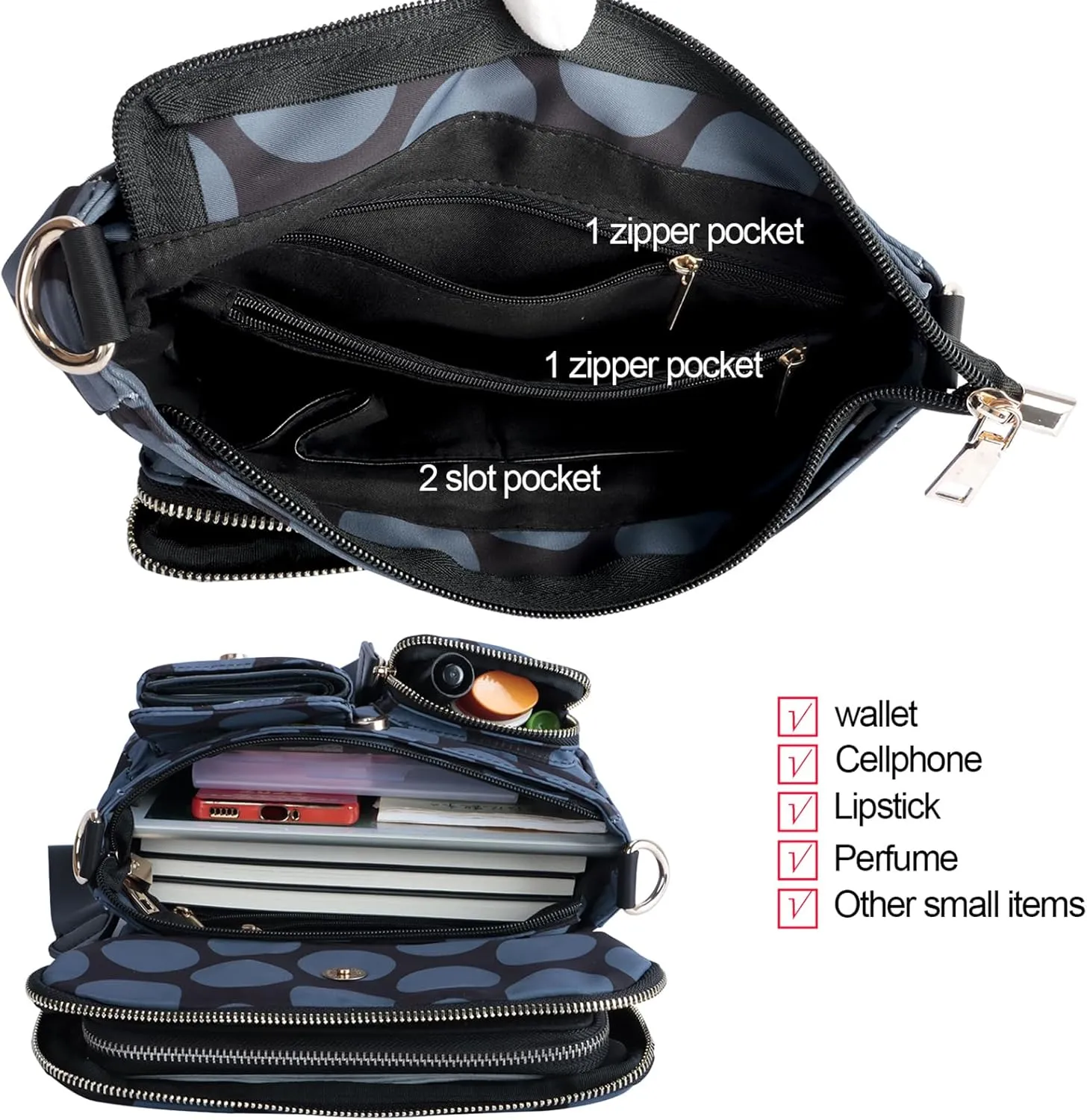 VGOAL Nylon Fabric Crossbody Bag Casual Fashion Multi-Pocket in Square Bag Female More Pockets Clamshell Shoulder Bag