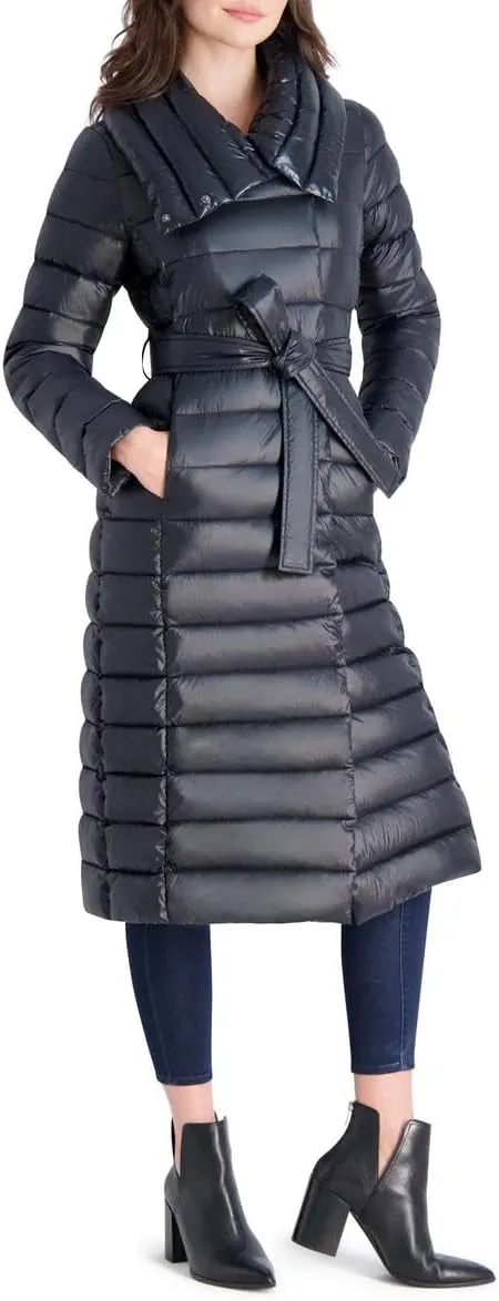 VIA SPIGA Women's Long Quilted Winter Puffer Coat with Belted Waist
