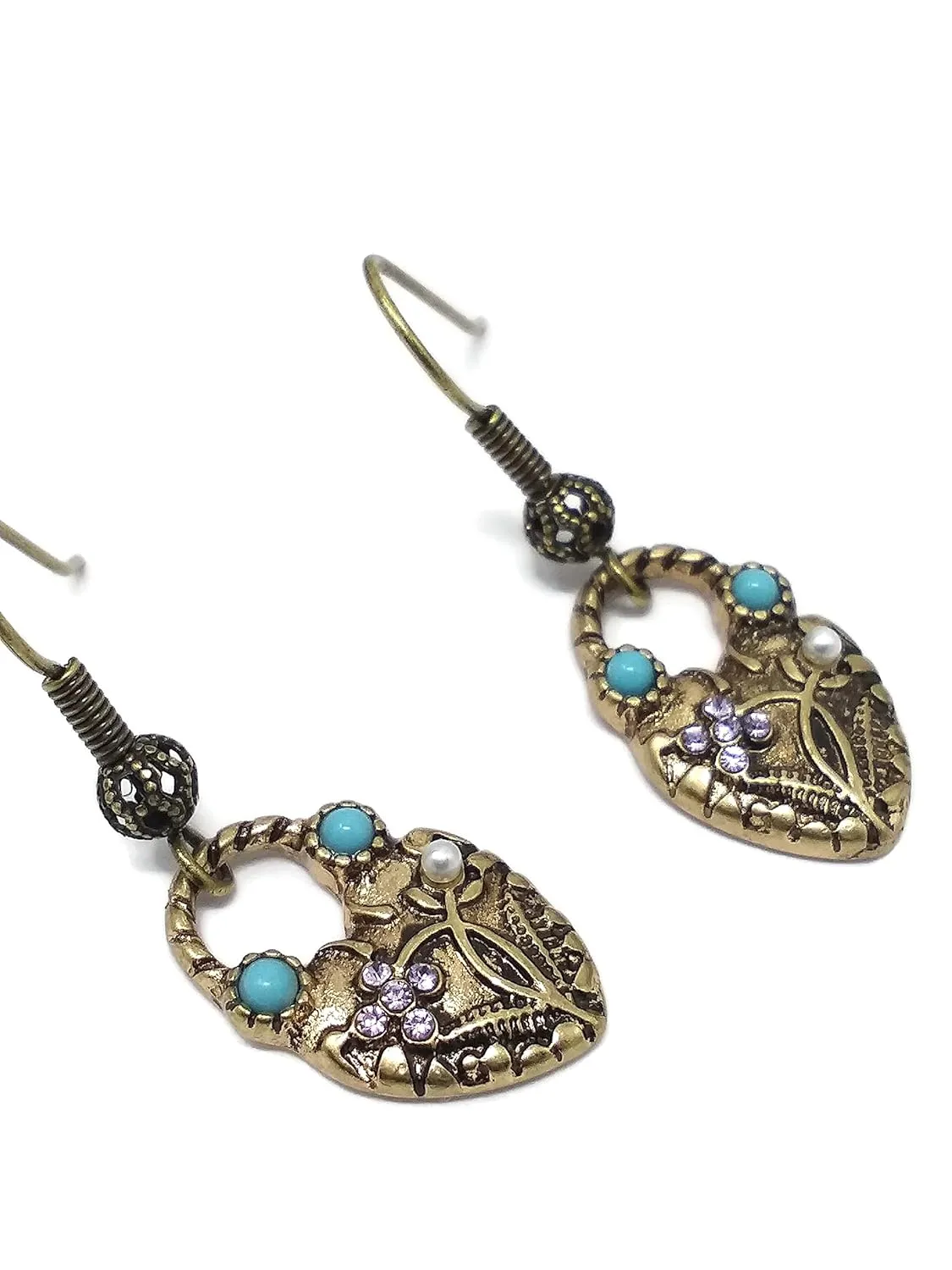 Victorian Heart Drop Earrings in Antique Brass with Beaded Accents