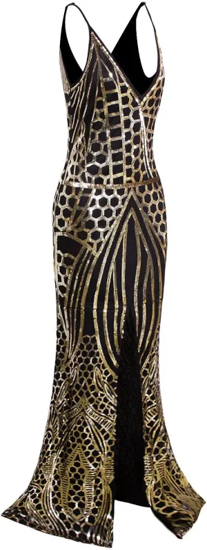 Vijiv 1920s Long Slit Prom Dresses Deep V Neck Sequin Mermaid Bridesmaid Evening Dress