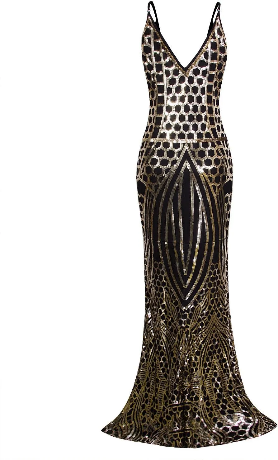 Vijiv 1920s Long Slit Prom Dresses Deep V Neck Sequin Mermaid Bridesmaid Evening Dress