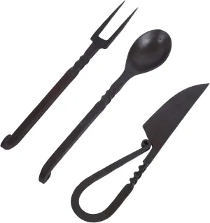 Viking Traders Hand-Forged Blacksmith Medieval Dining Hall Eating/Feasting Utensils set of 3 Piece Functional Fork Knife and Spoon Medieval Eating Set, with genuine leather pouch for easy carrying.